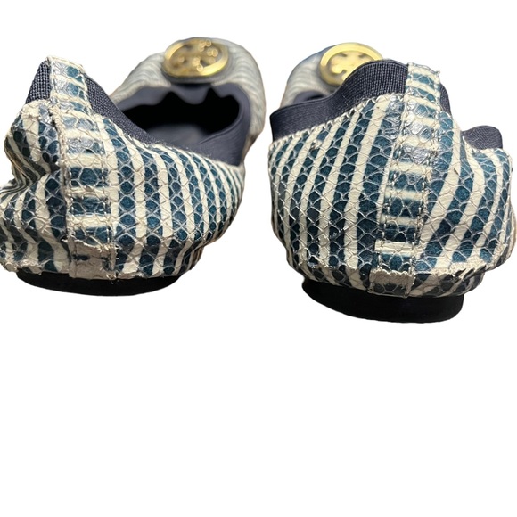 Tory Burch Caroline 2 Snake-Print leather Ballet Flat Navy/Ivory striped… - Picture 5 of 13